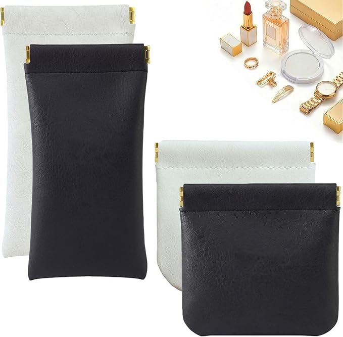 4Pcs Small Makeup Bag for Purse Mini Leather Pocket Cosmetic Bag for Women Small Lipstick Purse Pouches for Purse Small Coin Purse Organizer Pouches Portable No Zipper Makeup Pouch(Black, Ivory White)