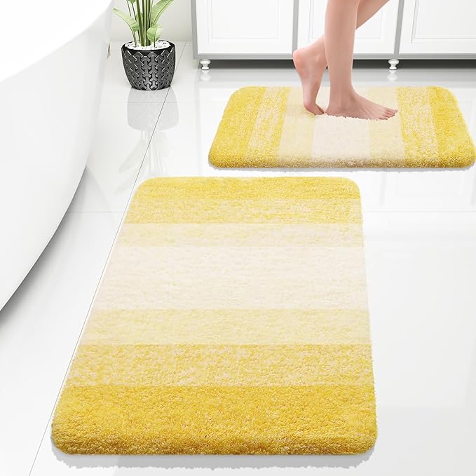 OLANLY Bathroom Rug Set 2 Piece, Soft Absorbent Microfiber Bath Rug Set, Non-Slip, Machine Wash Dry, Plush Shaggy Bath Mats for Bathroom (30"x20"+24"x16", Yellow)