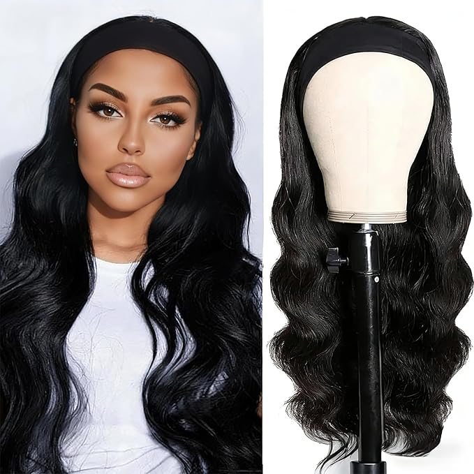 XSY Headband Wig Human Hair Body Wave Brazilian Virgin Hair Wear and Go Half Wigs for Black Women Glueless No Lace Front Wig 150% Density Natural Color 26 Inch