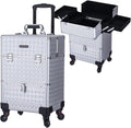 Rolling Makeup Case,Professional Cosmetology Case on Wheels,Large Cosmetic Organizer Train Case,Makeup Travel Case with Draws & Swivel wheels Nail Tech Salon Storage Traveling Cart Trunk,Silver
