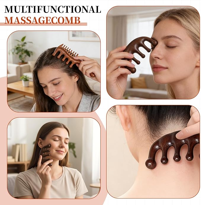 Vin Beauty 2 Pcs Wooden Scalp Massager Comb, Wood Scalp Massager 2 in 1 Wide Fine Tooth with Handle for Hair Growth for Curls Women Men Detangles Long Thick Wet Dry Head Anti-Static Care Relief