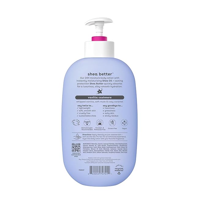eos Shea Better Body Lotion Vanilla Cashmere, 24-Hour Moisture Skin Care, Lightweight & Non-Greasy, Natural Shea, Vegan, Vanilla Body Lotion, 16 fl oz