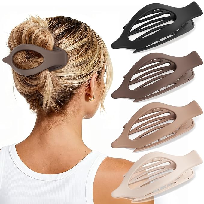4 PCS Large Flat Hair Clips for Women Girls, French Concord Lay Down Flat Claw Clips for Thick Thin Hair, Comfortable Curved Flat Clip, Matte Non-slip Strong Hold Hair Accessories, Neutral
