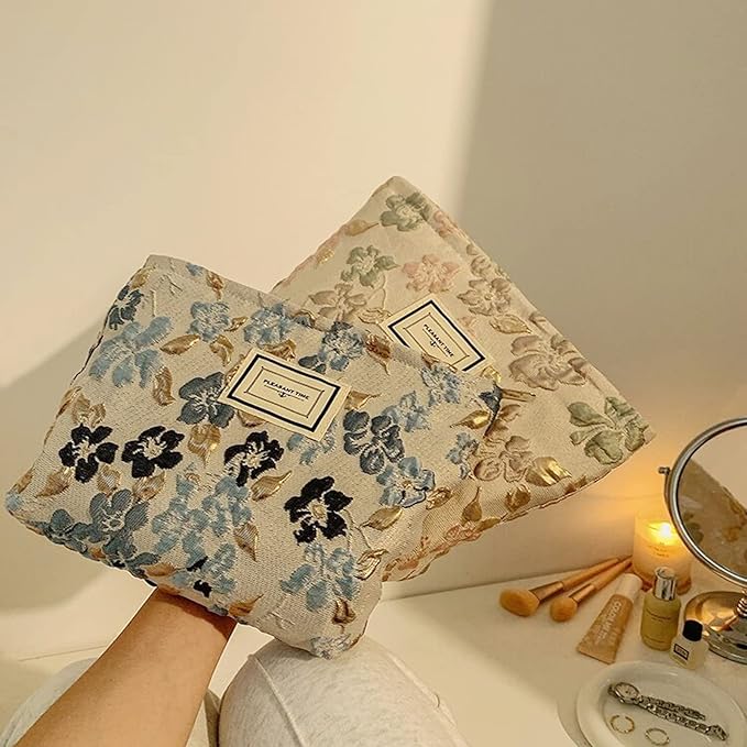 SxoSyo Cosmetic Bags for Women Makeup Bag Large Capacity Purse Travel Toiletry Zipper Storage Pouch Make up Brushes Organizer for Gifts (Blue, Stereo flower)