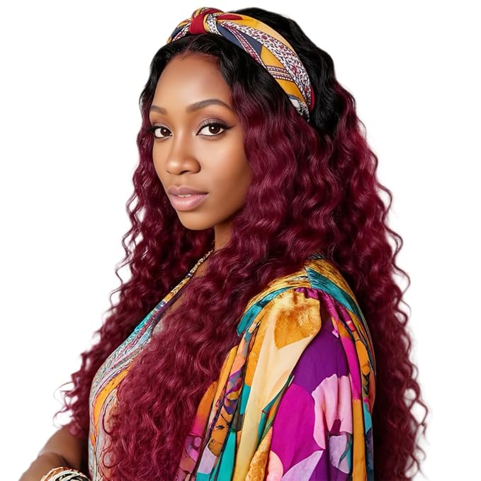 XSY Headband Wig Human Hair 1B/99J Burgundy Deep Wave Headband Wig Red Colored Curly Headband Wig Glueless No Lace Front Wig Brazilian Virgin Human Hair Wigs for Black Women 150% Density 16 Inch
