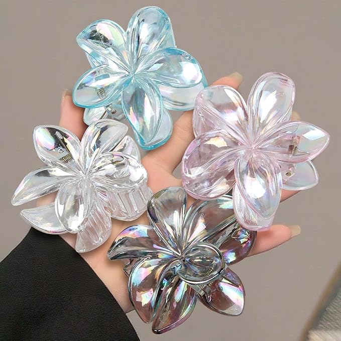 Flower Hair Clips for Women, 4 Pcs Clear Color Hawaiian Flower Hair Claw Clips, Sparkly Cute Large Hibiscus Hair Claw Decorative Accessories For Thick and Thin Hair