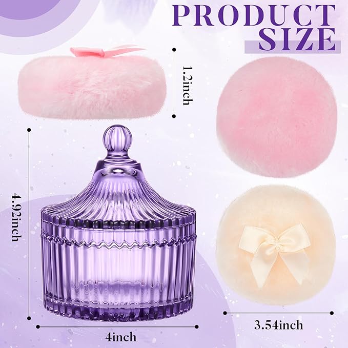 Tioncy 3 Pcs Large Body Powder Puff and Container Valentine's Day gift Powder Container with Puff Crystal Case Soft Washable Reusable Velour Face Body Glitter Wet Dry Makeup(Classic,Purple)