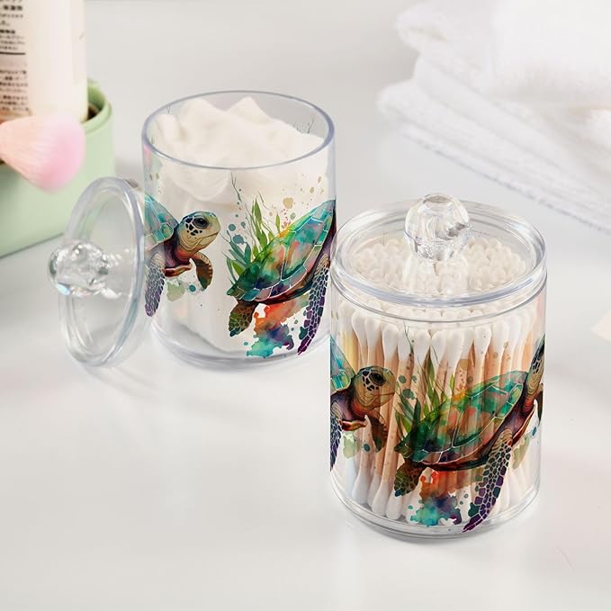 4 Pack Qtip Holder Dispenser Turtle Watercolor Cotton Ball Cotton Swab Round Pads Floss Clear Bathroom Storage Containers Plastic Apothecary Jars with Lids