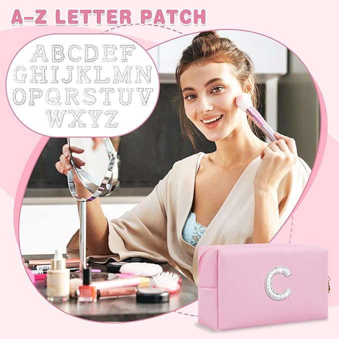 ChaoGreat Bride Gifts – Personalized Initial Makeup Bag with Pearl Rhinestone Patch, Preppy Pink Monogram Cosmetic/Toiletry Pouch, bridesmaid Gifts, Bridal Shower Gifts, Wedding Gifts, Bridal Gifts,C