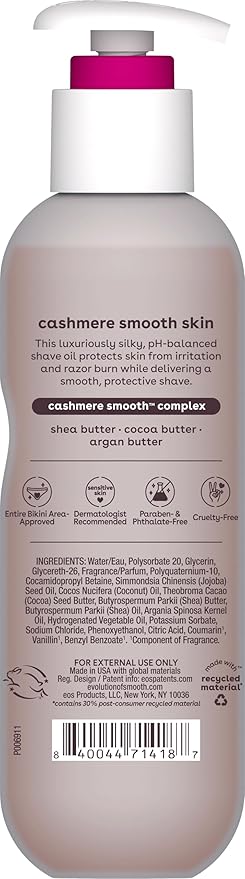 eos Cashmere Shave Oil – Coconut Waters, Moisturizing Shave Oil with Shea Butter & Glycerin, Helps Prevents Irritation & Razor Burn, Vegan, 6 fl oz