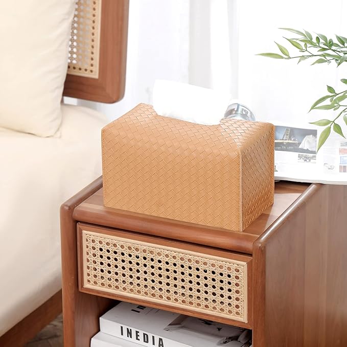 Tissue Box Cover PU Leather Tissue Holder Square Facial Tissue Case Facial Paper Organizer Dispenser for Bathroom, Vanity Countertop, Tabletop, Car, Rectangle, Khaki