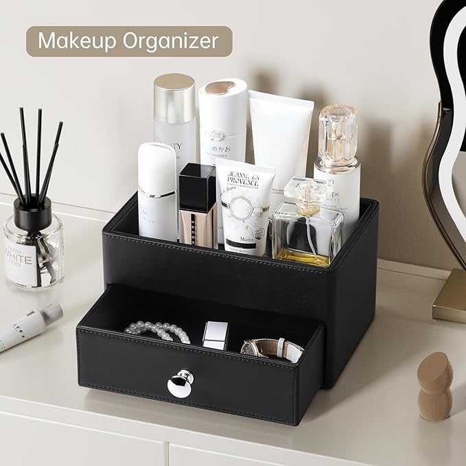 PU Leather Makeup Organizer with Drawer, Waterproof Cosmetic Storage Box, Multifunctional Nightstand Vanity Organizer for Skincare, Perfume, Jewelry, Bathroom Countertop (Black)