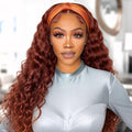 XSY Headband Wig Human Hair Deep Wave #33 Red Reddish Brown Glueless Wigs Human Hair 18 Inch None Lace Front Wig Machine Made Curly Headband Wigs for Black Women 22 Inch