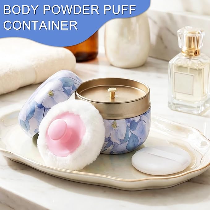 SHIMIDO Body Powder Puff and Container, 3.15" Portable Empty Powder Case Box with Lids for Baby, Women's, Travel and Home Use (Purple Flowers)