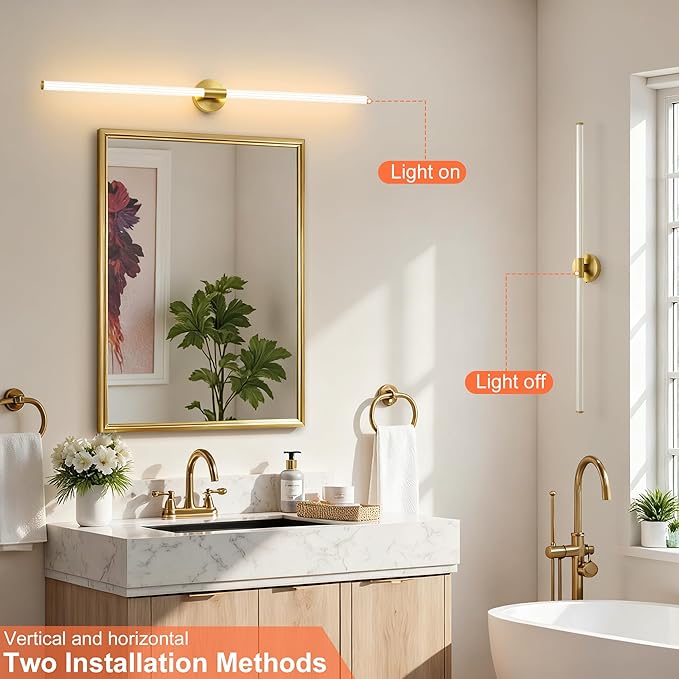 Glod Wall Sconces Set of 2 Hardwired, Dimmable 5CCT LED Bathroom Light Fixtures Over Mirror, 360° Full Lighting 47" Long Vanity Light Bar Modern Wall Sconce for Bathroom Bedroom Living Room