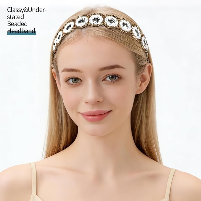 Teenitor 5pcs Hairbands for Women, 5 Rhinestone Beaded Headbands, Head Bands for Women's Hair Fashionable Handmade Crystal Beaded Elastic hairbands, 20-26.8"(51-68cm), 1 Count (Pack of 5), HAIRBAND