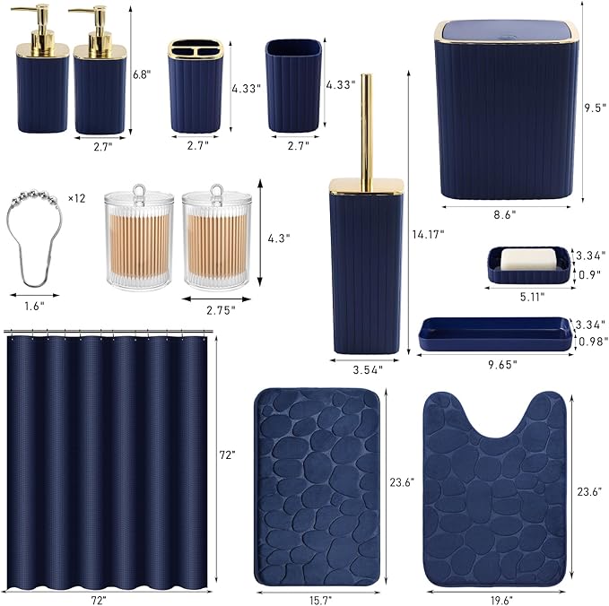 Bathroom Set with Shower Curtain and Rugs- 25PC Blue Bathroom Accessory Set, Navy Blue Shower Curtain Set, Toilet Brush, Trash Can, Qtip Holder & Soap Dispenser