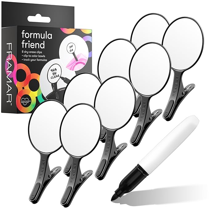 FRAMAR Formula Friend Clips 8 Pack – Easy Wipe Dry Erase Labels That Clip To Hair Dye Bowl, Rubberized Matte Grip & Marker, Clip For Hair Color Bowl, Hair Toner Formulas, Color Bowls For Hairstylist