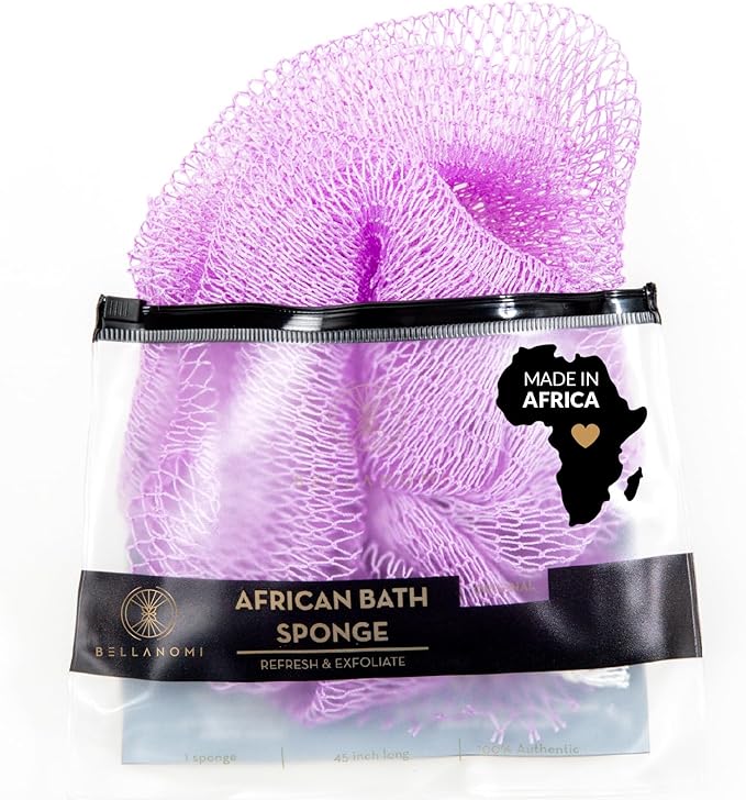 BELLANOMI African Exfoliating Net Sponge, Authentic African Bath Sponge, Ethically sourced from Nigeria, 45 inches Long, Back Scrubber for Daily use (Lilac)