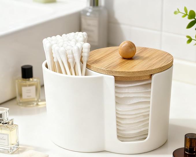 Cotton Pad Swab Holder, Q tip Holder Round Cotton Pads Dispenser Small Plastic Swabs Dispenser with Lid, Bathroom Accessories Storage Organizer for Bud Floss Picks, White