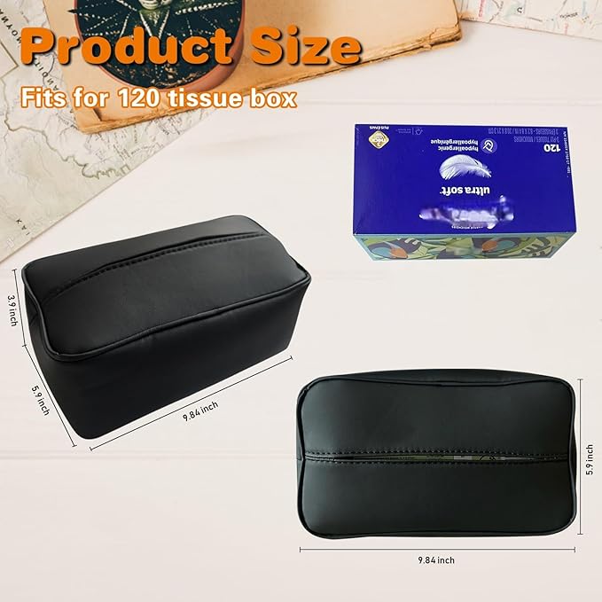 Large Car Tissue Holder for 120 Standard Tissues, Premium PU Leather Tissue Holder in Car Backseat Rectangular, Napkin Holder for Car Fits for Kleenex Tissues Box Daily Use Black (2, Black)