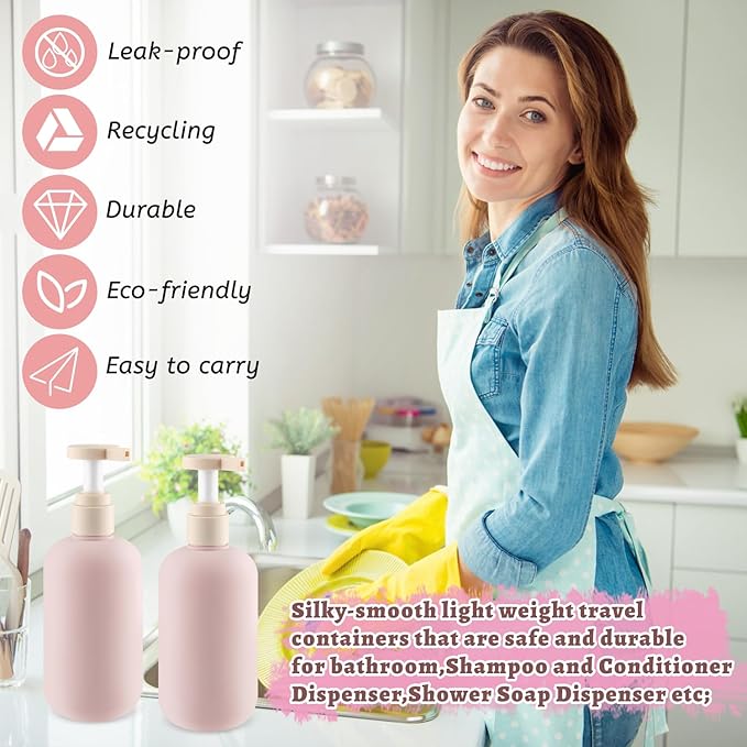6 Pcs 10 oz Soft Plastic Bottles with Press Pump,Empty Refillable Travel Shampoo Dispenser Container for Hand Soap,Shampoo,Lotion,Body Wash,Conditioner,Silicone Funnel Included (Pink)
