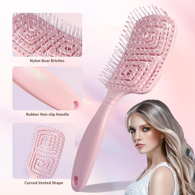 11PCS Hair Brush Set, Round Brush and Paddle Hair Brush Great On Wet Long Thick Hair, Detangling Brush and Spray Bottle for Wavy Curly Hair Pink
