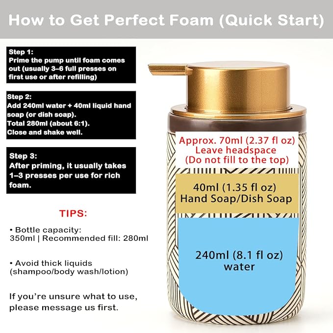 Brown Foaming Soap Dispenser,Ceramic Foam Soap Dispenser for Bathroom&Kitchen,12oz Foam Dispenser with Plastic Gold Pump(Unique&Modern)