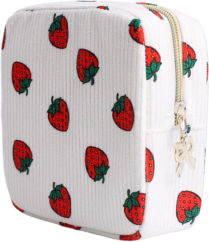 Period Bag for Women, Portable Corduroy Sanitary Napkin Storage Bag Strawberry Period Pouch with Zipper, Sanitary Pads Bag Tampons Holder for Purse, First Period