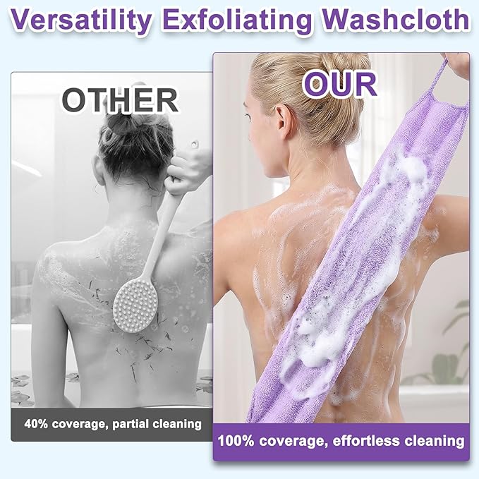 4Pcs Exfoliating Back Scrub, 4 Colores Extended Length Body Scrubber Cloth Towel for Shower Nylon Stretchable Bath Pull Strap for Body Cleans Skin Massages