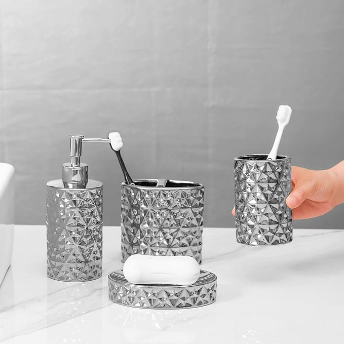 Silver Bathroom Accessories Set, 4 Piece Ceramic Bath Accessory Sets Complete, Diamond Soap Dispenser and Silver Toothbrush Holder Set for Bathroom Counter Sink, Farm Modern Bathroom Decor