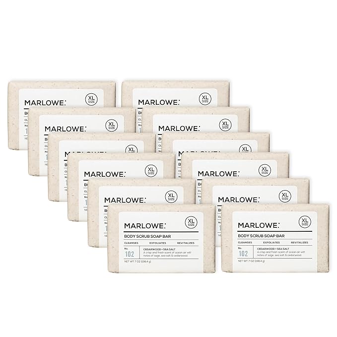 MARLOWE. No. 102 Body Scrub Soap 7 oz (12 Bars), Cedarwood & Sea Salt, Exfoliating Soap Bar with Shea Butter, Olive Oil & Green Tea Extracts, Cleanses, Smooths & Revitalizes Skin, Fresh & Zesty Scent