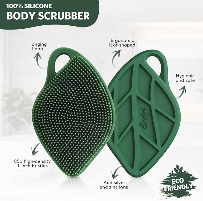 Sndyi Silicone Body Scrubber, Leaf-Shaped Shower Brush for Gentle Cleanse & Exfoliation, Soft Silicone Loofah Body Brush for Sensitive Skin, Romantic Gift for Her/Him, Evergreen