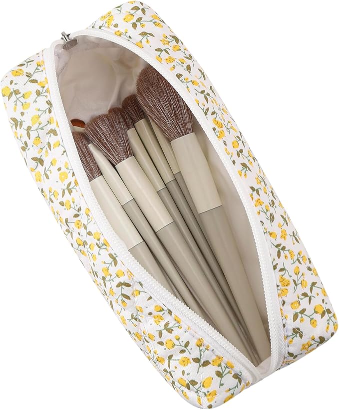 Cute Floral Makeup Brush Bag Small Cotton Quilted Cosmetic Bag for Women Travel Toiletry Zipper Make Up Pouch (Yellow Floral)