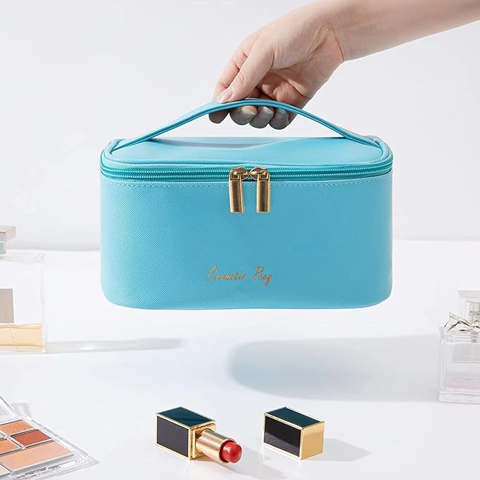 Meiyuuo Makeup Bag Large Cosmetic Bags for Women Girls Cute Travel Zipper Pouch Toiletry Organizer for Beauty Essentials Waterproof (Bright Blue)