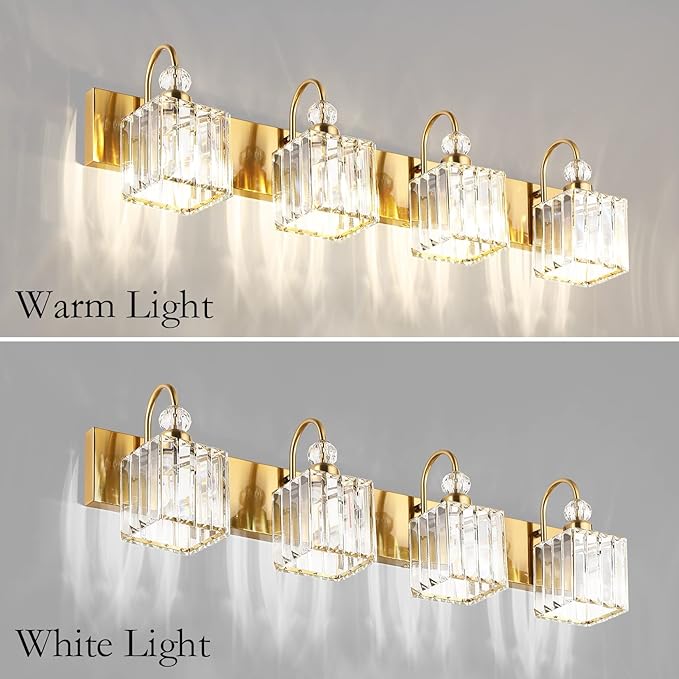 Ralbay Crystal Gold Bathroom Vanity Lights 4-Lights Vanity Lights Over Mirror Modern Crystal Gold Bathroom Wall Lighting Fixtures