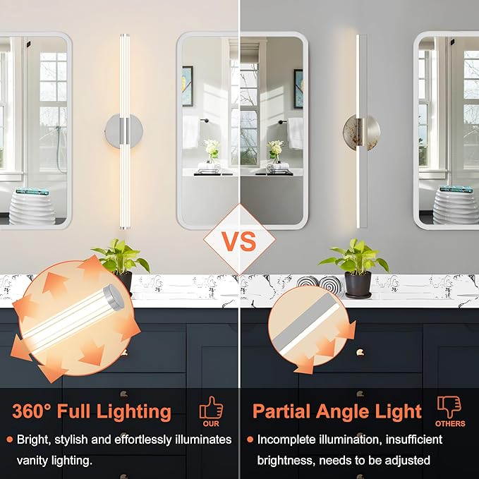 Bathroom Wall Sconces Set of 2 Hardwired, Dimmable 5CCT LED Bathroom Light Fixtures Over Mirror, 360° Full Lighting 23 inch Vanity Light Bar Modern Chrome Wall Sconce for Bedroom Living Room