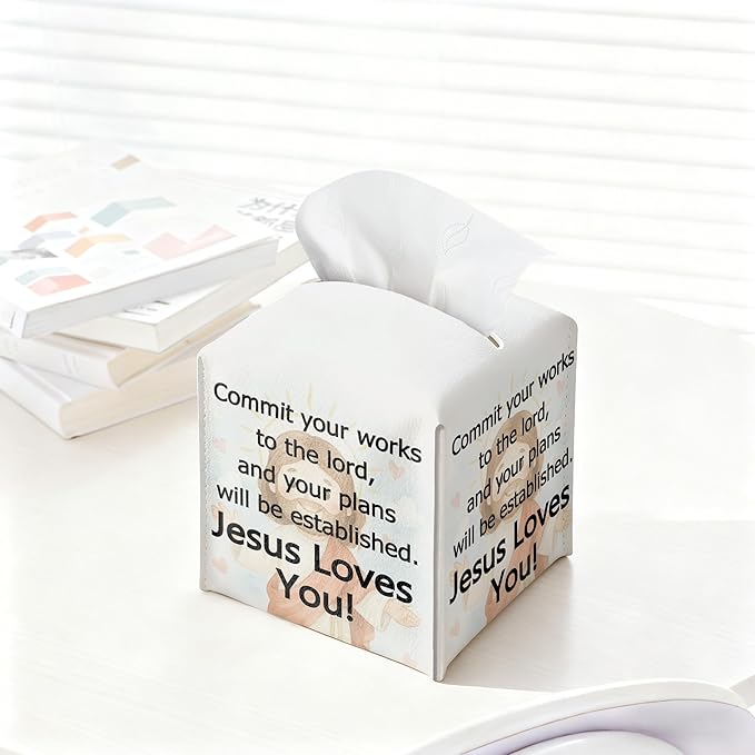 Christian Square Tissue Box Cover, PU Leather Drawstring Bottom - Commit Your Work to the Lord, Appreciation, Farewell, Retirement Gift for Christian Friends, Colleagues | Decorative Organizer