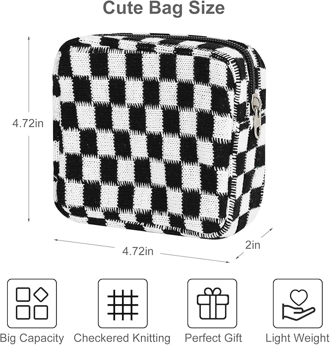 Sanitary Napkin Storage Bag, Menstrual Pad Zipper Checkered Portable Period Bag Panty Liners, Tampon Storage Pouch for Women Ladies Daily Use Storage Purse Travel