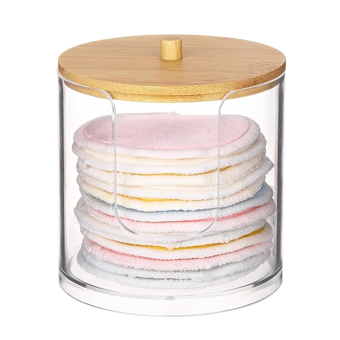 Tbestmax Plastic Cotton Round Holder and Dispenser, Clear Bathroom Organizer Storage for Cotton Pads - Bamboo Lids