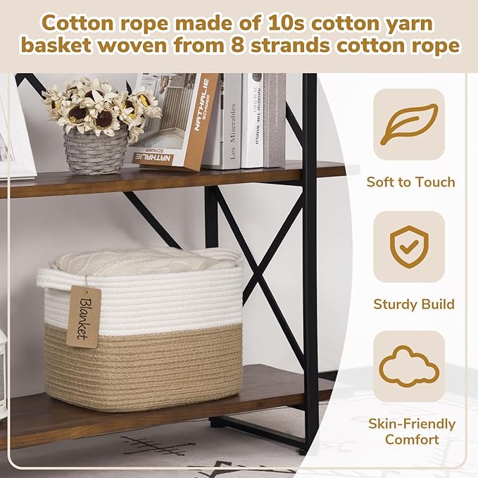Goodpick Woven Storage Basket for Shelves, Medium Empty Gift Basket with Handles, Square Wicker Dog Toy Baskets, White and Jute Storage Bin, 13 x 10 x 9 Inches