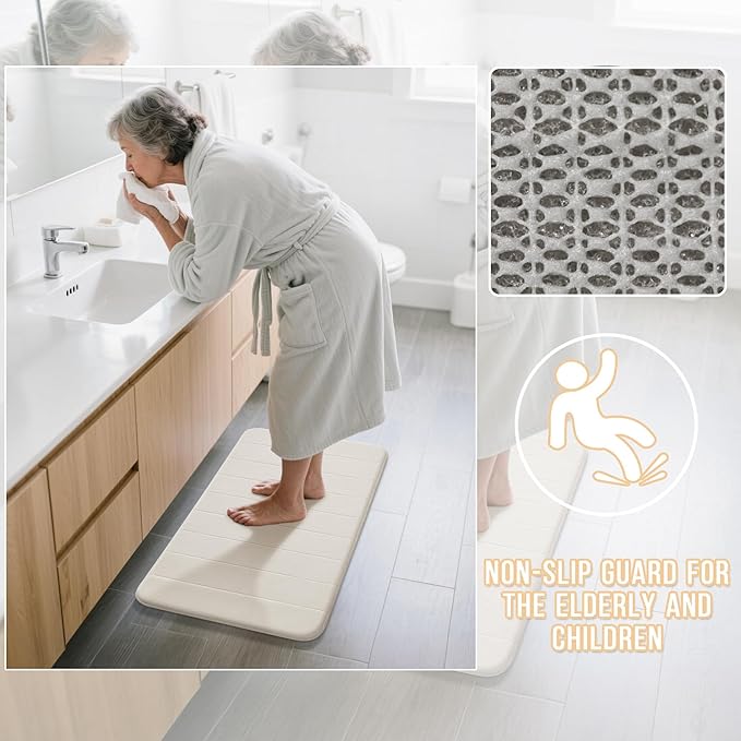 Yimobra Large Bath Mat Set 2 Piece- Super Soft Absorbent Quick Dry Memory Foam Bathroom Rugs, Machine Washable Non Slip Floor Carpet for Tub Shower & Double Vanity (17x24 & 44x24, Cream White)