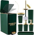 Bathroom Set Bathroom Accessories Set 8 Piece Green and Gold Bathroom Set, Bathroom Sets with Stainless Steel Trash Can,Toilet Brush,Toothbrush Set,Soap Dispenser