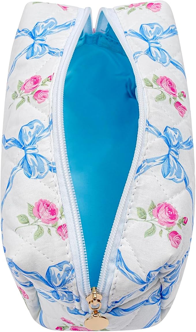 Makeup Bag Travel Cosmetic Bag for Women Girls, Zipper Make Up Pouch, Floral Flowers Toiletry Organizer Makeup, Portable Storage Bag, Cosmetic Travel Cloth Bag (2 Pack (L+S)/Blue Bowknot)