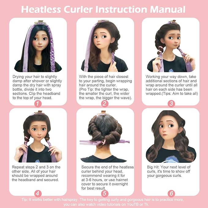 Heatless Curls Overnight Headband, 70'' No Heat Hair Curlers for Medium Long Hair, Pink