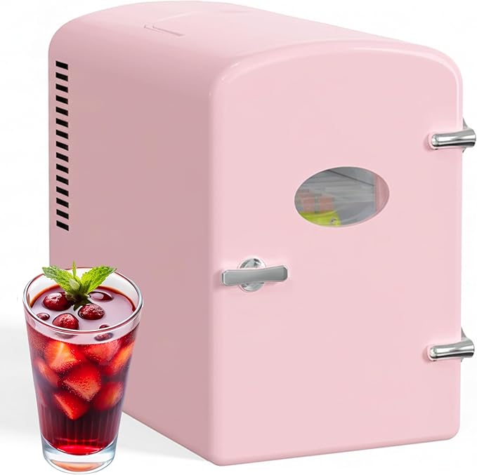 Simple Deluxe 6L/9 Can Mini Fridge with Viewing Window, Portable Cooler & Warmer Cosmetic Fridge, Suitable for Skincare Products, Beverages, and Food, Pink