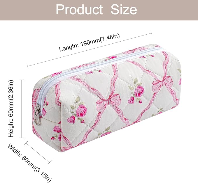 Cute Floral Makeup Brush Bag Small Cotton Quilted Cosmetic Bag for Women Travel Toiletry Zipper Make Up Pouch (Pink Bowknot Rose)