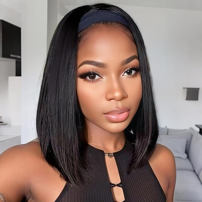 XSY Headband Wig Human Hair Straight Brazilian Virgin Human Hair Wigs for Black Women Glueless No Lace Headband Wig Natural Color 150% Density 12 Inch