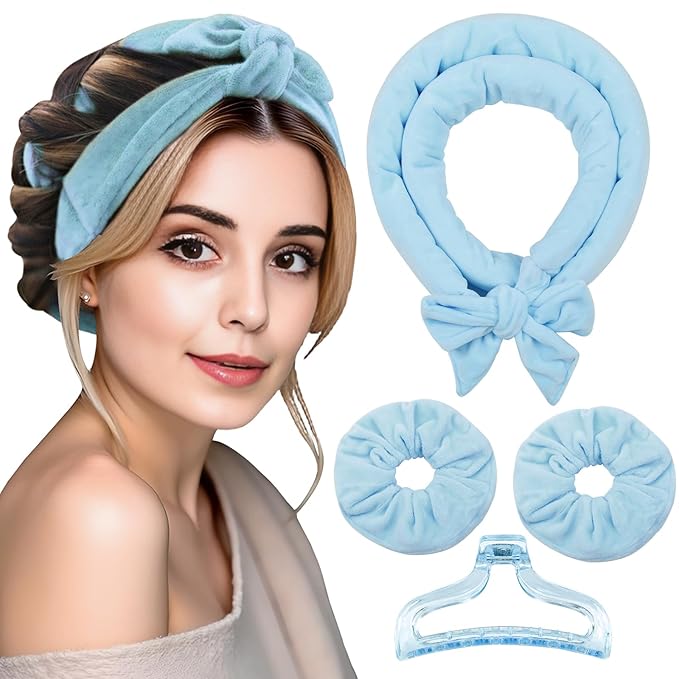 Heatless Curls Hair Curlers to Sleep in – Velvet No-Heat Overnight Curling Rod Headband Set for Long Hair, with Scrunchies & Clip, Wake Up to Beach Waves (Blue, Pack of 1)