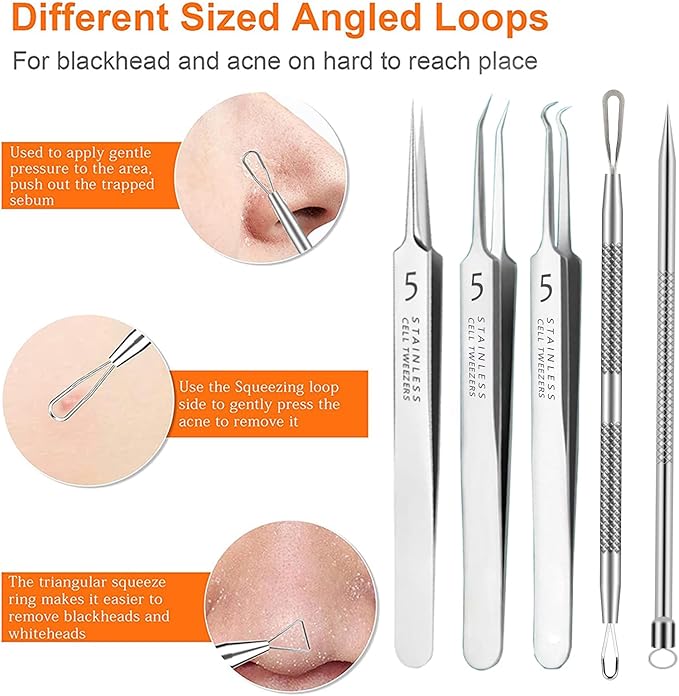5pcs Blackhead Remover Tweezers Pimple Popper Tool Kit, Precision Acne Needle Comedone Blackhead Tweezers Extractor Removal Whitehead Popping Zit for Nose Face Skin Blemish Extractor Tool - Glossy